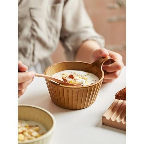 Japanese style antique coarse pottery with lid milk breakfast cup ceramic microwave oven oatmeal coffee mug set