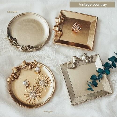 INS Style Golden Vintage Plate Dish with Bow-knot Photography Still Life Shoot Photo Studio Prop for Jewelry Earrings Fotografia