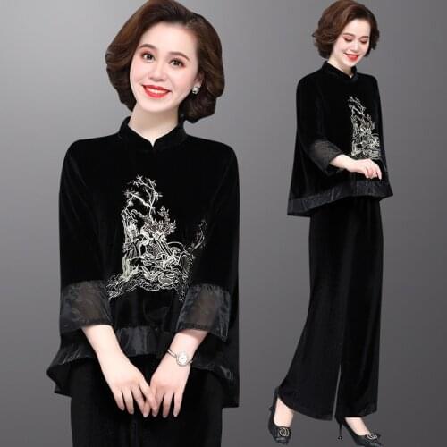 Vintage Black Velvet 2 Piece Sets Women Floral Embroider Tops And Wide Leg Pants Sets Suits Plus Size Casual WomenS Sets 11402