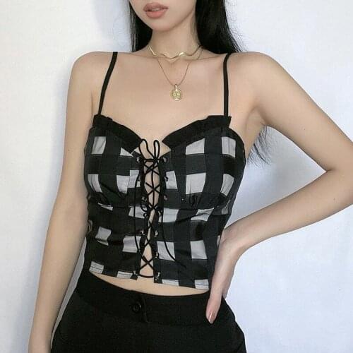Womens Summer Plaid Crop Cami Tops Self-Tie Spaghetti Strap Cross Tie Up Hollow Out Camisole Support Wholesales