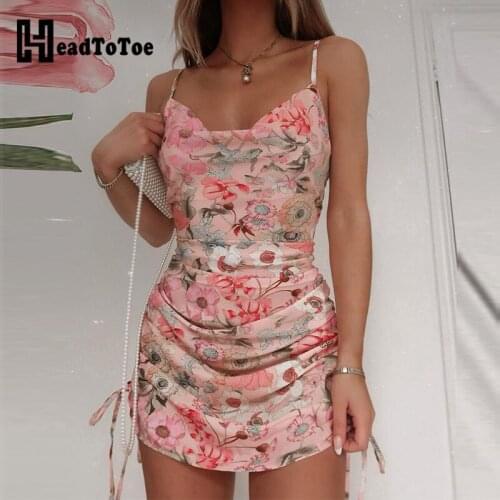 Floral Print Drawstring Ruched Dress Women Mini Summer Dress