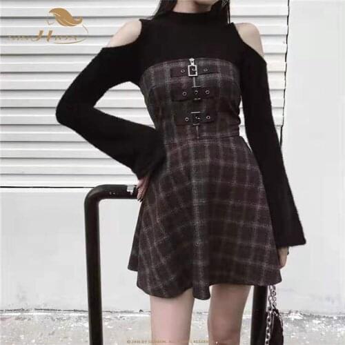 SISHION Strapless Sexy Punk Goth Gothic Dress VD1687 Girls Plaid Black Short Mini Dresses vestidos for Women Party