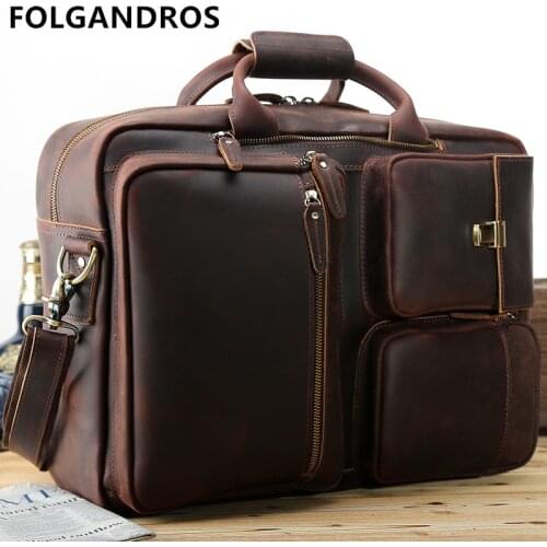 Brand Mens Briefcases Genuine Leather Vintage Handmade Messenger Shoulder Bag Large Capacity Document Totes Cowhide Laptop Bag