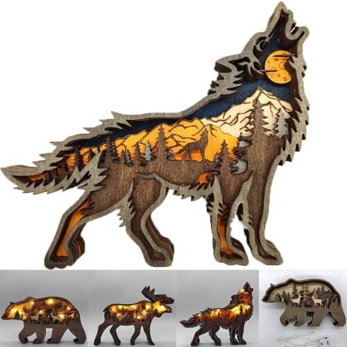 Wooden Animal Wolf Statue Creativity Office Home Decorate Crafts North Forest Wolf Totem Elk Brown Bear Ornaments Christmas Gift