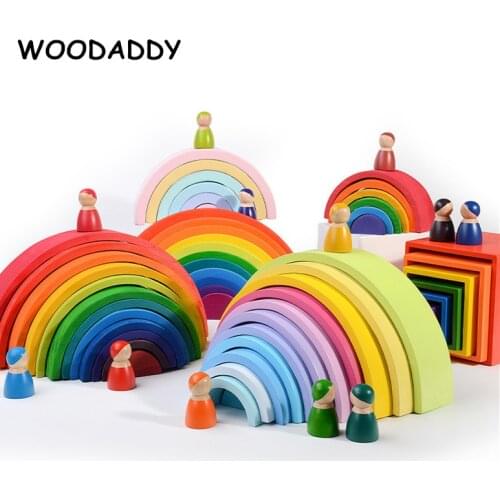 WOODADDY Rainbow Blocks Series 12Pcs Large Rainbow Top Montessori Educational Wooden Toys For Kids Pegdolls Shape Kit Cover Box
