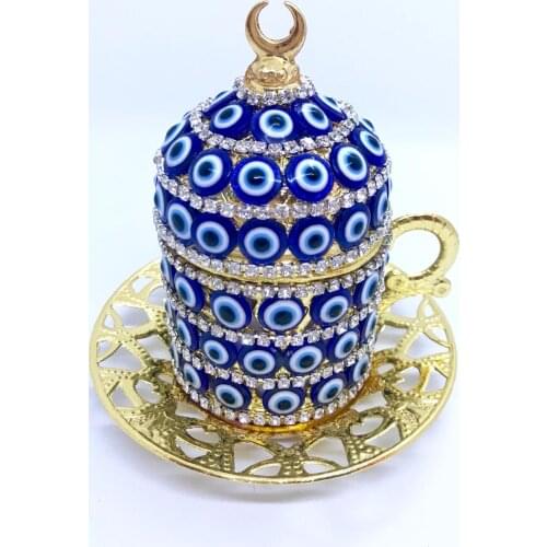Evil Eye Coated Golden Color Coffee Cup With Its Saucer Lids and Outer Metal Saver