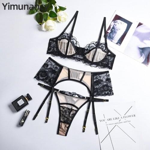 3-Piece Embroidery Lace Bra Set Women Patchwork Transparent Floral Bra + Panty Underwear Set Ladies Sexy Lingerie Set