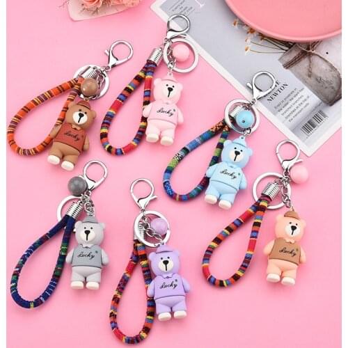 Korean Cute Hat Bear Doll Key Chains Cartoon Lucky Bear Buckle Pendant Keyring for Women Men Boyfriends Car Bag Keyfob Jewelry