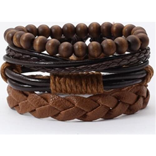 Brown Woven Wood Beaded Hip hop Jewelry Leather Men Bracelets Set Women Vintage Bangle Male Homme Jewelry Accessories