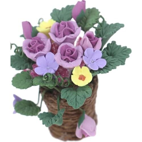 Doll House Miniature Clay Flowers in Rattan Pot Planter Fairy Garden Plant Accessory 1:12 Scale Purple Flower