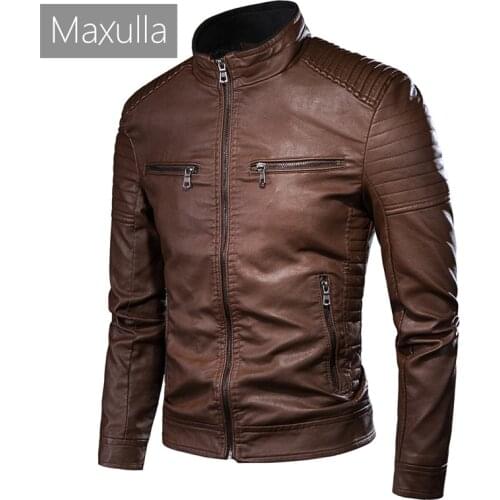Maxulla Spring Autumn Mens Leather Jacket Motorcycle Casual PU Coats Men Fashion Zipper Solid Slim Fit PU Coats Clothing