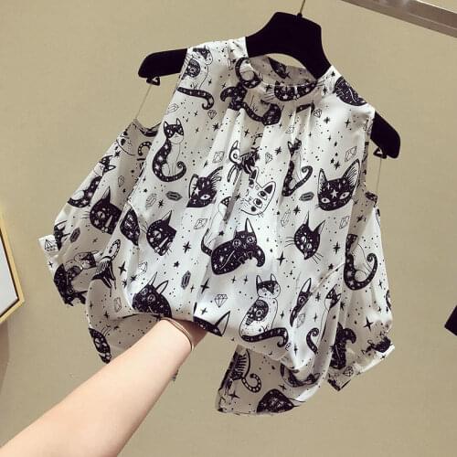 Summer new style loose and thin blouse design off-shoulder short-sleeved chiffon shirt for ladies