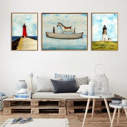 Lighthouse White Horse Boat Boy Oil Painting Promise Forever Home Decoration Triple Canvas Pictures Living Room Wall Art Posters