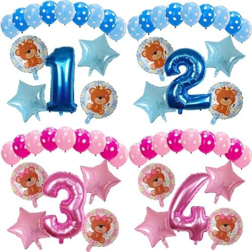 14pcs 18inch Blue Pink Cartoon Teddy Bear Foil Balloons Set 30inch Number Globos Boy Girl Birthday Party Decorations Kids Gift