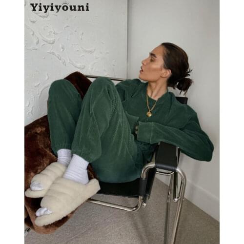 Yiyiyouni Autumn Winter Corduroy Tracksuits 2 Pieces Pants Sets Women Velvet Oversized Pullovers and Sweatpants Female Outfits
