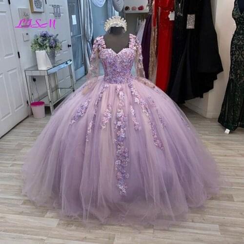 Purple Ball Gown Princess Quinceanera Dress Illusion Long Sleeve Lace Appliques Sweet 16 Dress Pageant Gowns vestidos de 15 años