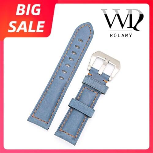 Rolamy 22 24mm Top Watch Band Silver Brushed Buckle Sky Blue Real Leather Replacement Thick Vintage Wrist For Panerai Luminor