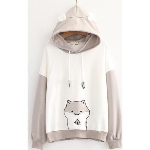 Women Kawaii Hamster Embroidery Hooded Hoodies 2020 Spring Autumn Women Sweatshirts With Ears Thin Loose Pullover