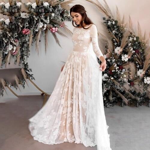 Vintage Lace Wedding Dresses 2020 Elegant Backless Long Sleeves Boho Bridal Dress Jewel Neck Bohemian Plus Size Wedding Gowns