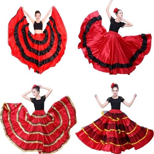 Gypsy Woman Spanish Flamenco Skirt Polyester Satin Smooth Big Swing Carnival Party Ballroom Belly Dance Costumes Dress