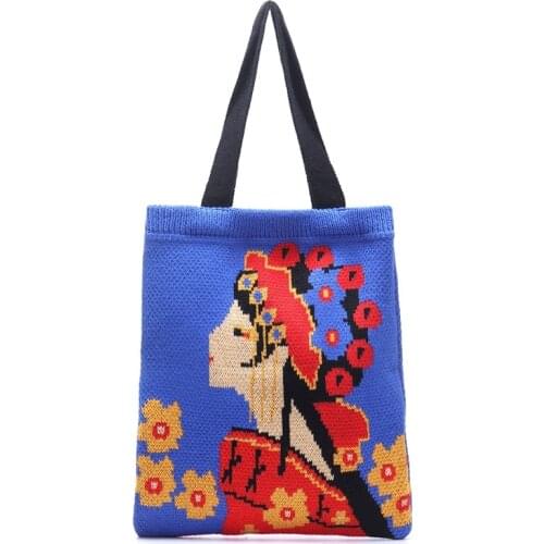 Lady Knitting Beijing Opera Pattern Handbag 2021 Female Chinese Traditional Vintage Corchet Woolen Shopper Top-handle Tote Bag