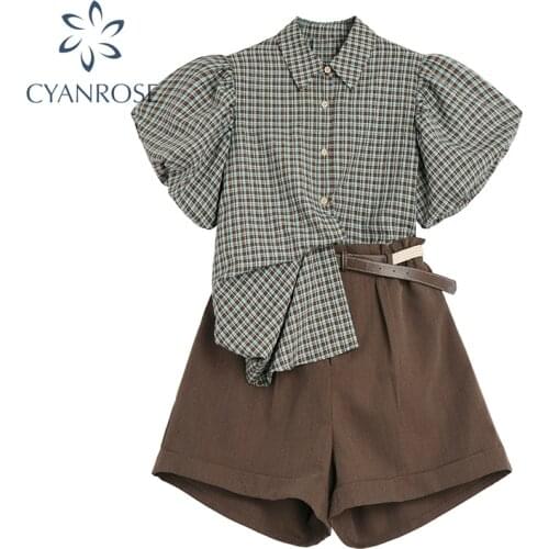 Vintage Womens Suit Plaid Colorblock Lapel Collar Puff Short Sleeve Loose Shirt With Solid Color High Waist Belt Shorts Female
