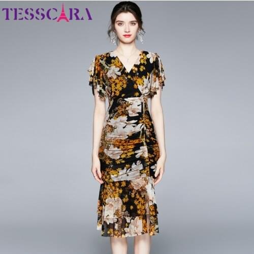 TESSCARA Women Summer Elegant Mesh Dress Festa High Quality Office Lady Party Robe Femme Runway Floral Designer Trumpet Vestidos