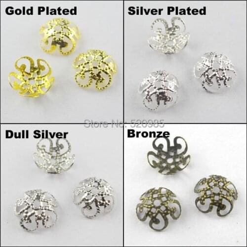 200Pcs=1Lot ! ) Free Shipping Jewelry Finding 10MM 5Leaf Hollow Flower End Beads Caps Gold Silver Bronze Nickel Plated No.BC01