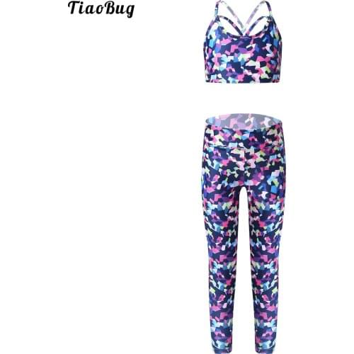 2021 Kids Girls 2Pcs Yoga Suit Shoulder Straps Cross Front Sleeveless Sport Bra Top Leggings Sets For Active Running Gym Fitness