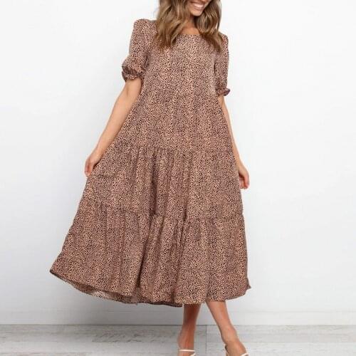 2021 Hot Sell Summer Womens O-neck Fashion Leopard Printed Short Sleeve Loose Casual Pleated Long Maxi Dress Vestidos Robe