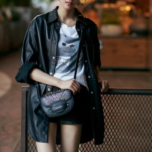 2021 New Arrival Women Fashion Simple Loose Black Genuine Leather Coat