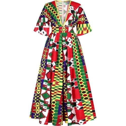 African Dresses for Women Dashiki Off Shoulder V Neck Jumpsuit Ladies Robe Ankara Dress Bazin African Clothes for Women