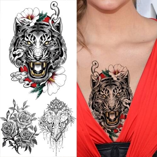 Watercolor Tiger Lily Flower Temporary Tattoos For Women Adult Rose Elephant Pendant Fake Tattoo Sticker DIY Chest Back Tatoos