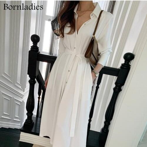Bornladies Summer Women Chic Single-breaste V-neck Long Dress 2021 Korean Style Office Lady A-line Belted Dress fashion Vestidos