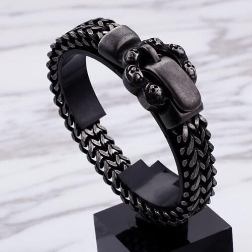 Men 88g black Stainless steel Skull buckle design Figaro Chain bracelet 12mm 9'' free shipping xmas gifts