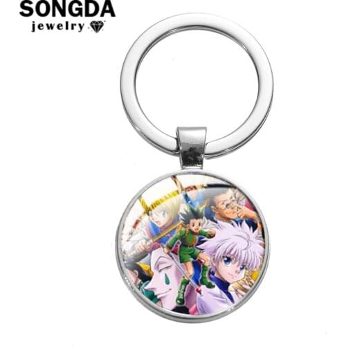 SONGDA Popular Hunter x Hunter Keychain Gon Freecss Killua Zoldyck Cartoon Anime Patterns Transparent Glass Round Key Chain Gift
