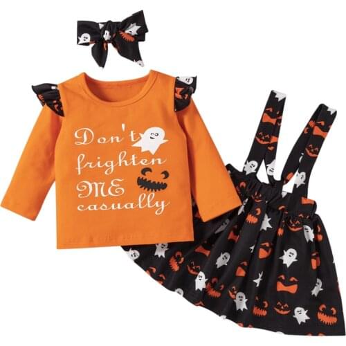 Infant Kids Baby Girl’s Skirt Three Piece Suit Halloween Print Long Sleeve T-shirt and Suspender Skirt with Headband