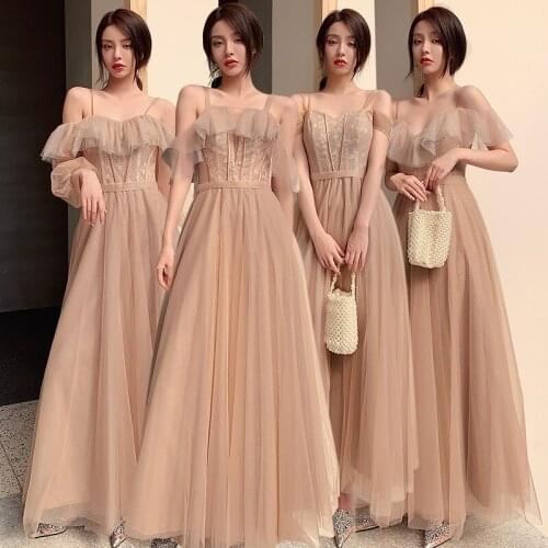 Bridesmaids Dresses Short Spaghetti Straps Embroidery A-Line Boat Neck Lace Tulle Off The Shoulder Wedding Women Party Gown E227