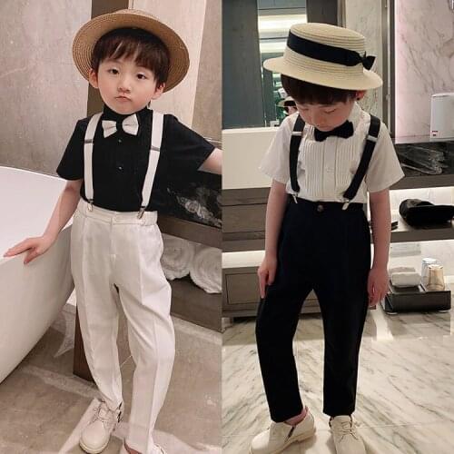 Boys T Shirt+Suspender+Pants+BowTie 4PCS Clothing Set Kindergarten Graduation Suit Children Chorus Costume Kids Birthday Dress