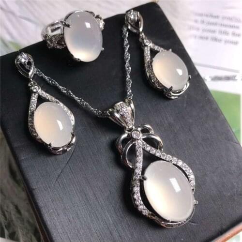 Jadery Natural Ice Seed White Chalcedony Jade Jewelry Sets 925 Sterling Silver Necklace Earrings Ring Party Jewelry Gift 328