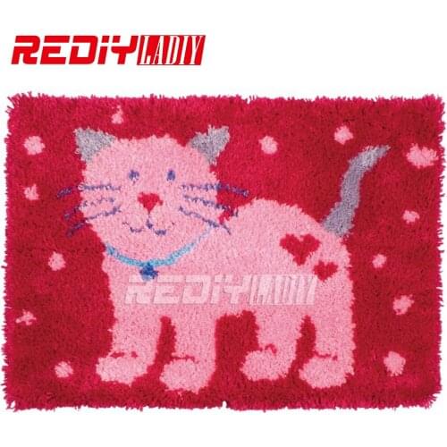 Latch Hook Rug Wall Hanging Tapestry Kits Pink Cat with Love Cushion Pre-printed Canvas Pillows DIY Carpet Rug Handicraft Mat
