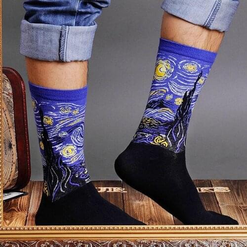 Hot Starry Night Autumn Winter Retro Men Personality Art Van Gogh Mural World Famous Painting Male Socks Oil Funny Happy Socks