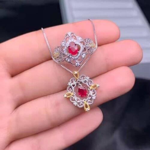 Natural Ruby S925 Ring Pendant Necklace Set Fine Fashion Luxurious Suitable For Women Free Shipping MeibaPJFS