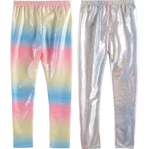 New Kids Girls Pants Shiny Metallic Gradient Color Elastic Waistband Slim Fit Trousers For Dance Performance Party Casual Wear