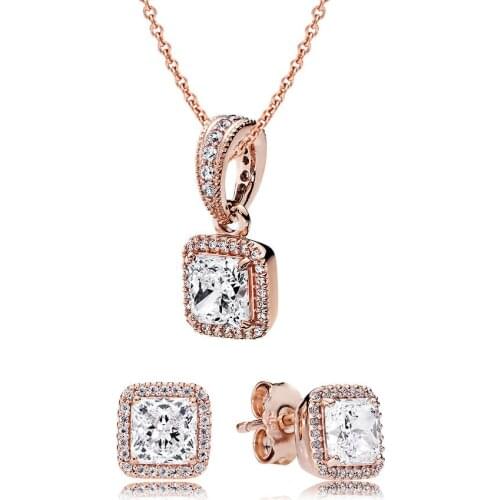 NEW 100% 925 Sterling Silver Rose Timeless Elegance Gift Set fit charm original Necklace Women jewelry Two pieces of set