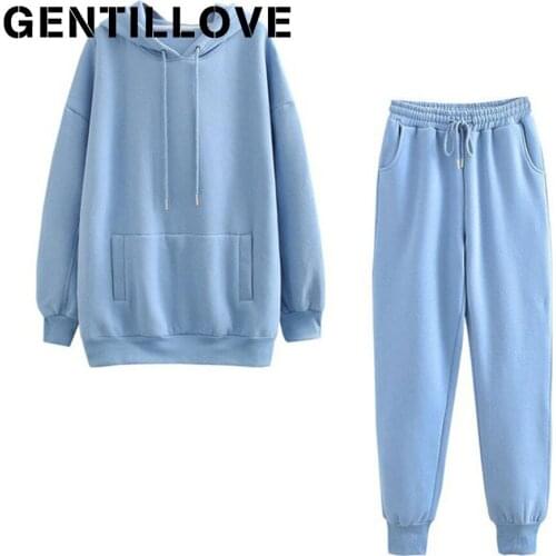 Solid Harajuku Hoodies Women Thick Fleece Cotton Suit 2020 Autumn Winter Casual Hoodies + Drawstrings Elastic Pants 2 PCS Sets
