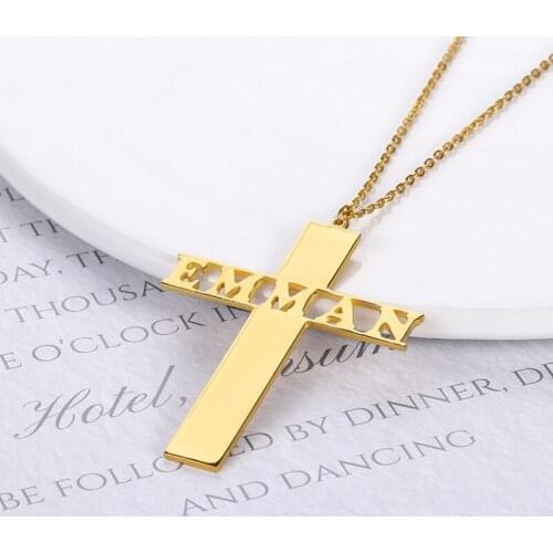 Custom Name Cross Pendant Necklace Personalized Stainless Steel Nameplate High Quality Jewelry Gold Plated Chain Necklaces