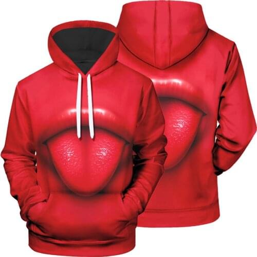 Personalized creative mens funny and interesting lips pattern 3D sweater, creative printing top, hooded pullover