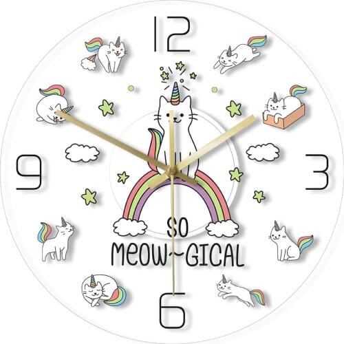 So Meow-Gical Cat Unicorn Transparent Acrylic Wall Clock Rainbow Cloud Kid Room Night Light Kitty Timekeeper Duvar Saati