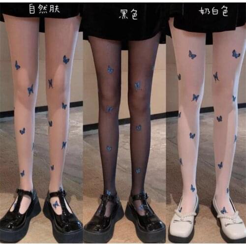 Blue Butterfly Transparent Thin Pantyhose Patterned Sexy Print Women Stockings Lolita Girls Tights Hosiery B1888